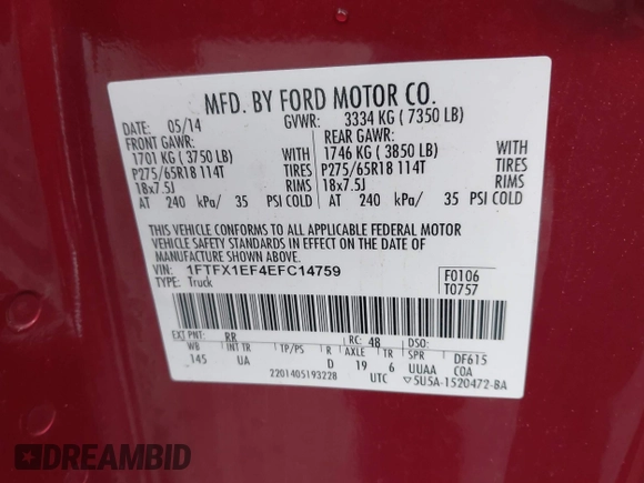 2014 Ford F-150 XL с VIN 1FTFX1EF4EFC14759, выставлен на аукционе IAAI как лот 42418531 с пробегом 125 875 миль миль и . История ставок и продаж доступна на DreamBid. Изображение 9.