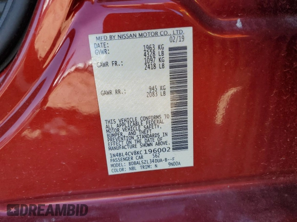 2019 Nissan Altima 2.5 SR with VIN 1N4BL4CV8KC196002, listed as a Copart auction lot 48866335 with 0 mi miles and Salvage Title. Bid and sale history available at carsss.com. Image 12.