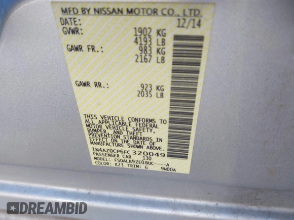 2015 Nissan LEAF SV with VIN 1N4AZ0CP6FC320049, listed as a IAAI auction lot 41645954 with 147,357 mi miles. Bid and sale history available at carsss.com. Image 9.