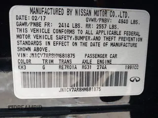 2017 Infiniti Q50 2.0t Premium with VIN JN1CV7AR8HM681875, listed as a IAAI auction lot 41891088 with 118,327 mi miles. Bid and sale history available at carsss.com. Image 9.