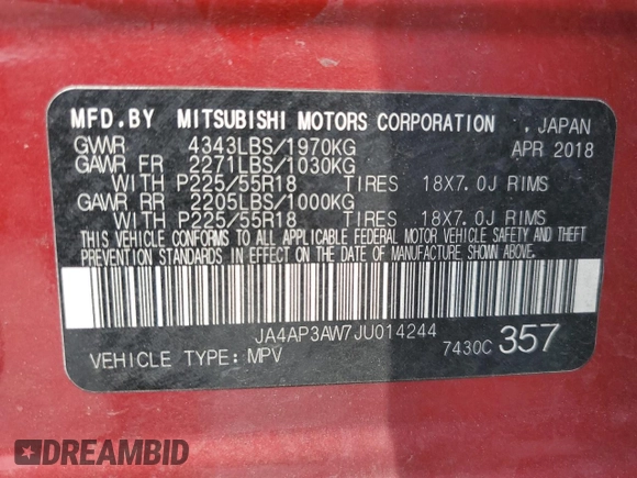 2018 Mitsubishi Outlander SE with VIN JA4AP3AW7JU014244, listed as a Copart auction lot 55018415 with 126,859 mi miles and Clean title. Bid and sale history available at DreamBid. Image 13.