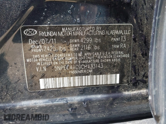 2012 Hyundai Sonata 2.4L Limited PZEV with VIN 5NPEC4AC9CH433143, listed as a IAAI auction lot 42050027 with 87,682 mi miles. Bid and sale history available at carsss.com. Image 9.