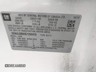 2012 Chevrolet Equinox LT w/1LT with VIN 2GNALDEK0C1290415, listed as a IAAI auction lot 42005480 with 177,948 mi miles. Bid and sale history available at carsss.com. Image 9.