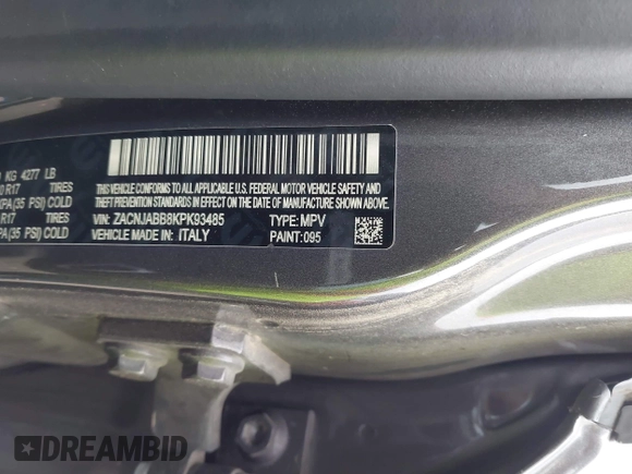 2019 Jeep Renegade Latitude with VIN ZACNJABB8KPK93485, listed as a IAAI auction lot 41923589 with 76,051 mi miles and . Bid and sale history available at DreamBid. Image 9.