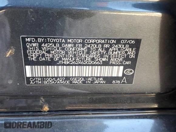 2006 Lexus IS 250 z VIN JTHBK262X62020663, wystawiony jako Copart lot #43966885 z przebiegiem 174 150 mil mil oraz Szkody całkowita. Historia ofert i sprzedaży dostępna na DreamBid. Obrazek 14.