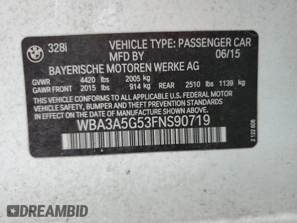 2015 BMW 3 Series 328i with VIN WBA3A5G53FNS90719, listed as a Copart auction lot 54840065 with 246,493 mi miles and Salvage Title. Bid and sale history available at DreamBid. Image 12.