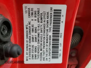 2016 Honda Civic EX with VIN 2HGFC2F77GH518504, listed as a Copart auction lot 53779945 with 158,932 mi miles and Salvage Title. Bid and sale history available at DreamBid. Image 12.