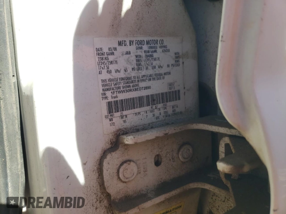 2008 Ford F-350 с VIN 1FTWW30RX8ED72890, выставлен на аукционе Copart как лот 78194304 с пробегом 291 783 миль миль и Чистый • Clean title. История ставок и продаж доступна на DreamBid. Изображение 12.