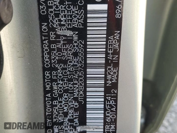 2007 Toyota Prius with VIN JTDKB20U573255592, listed as a Copart auction lot 55062485 with 179,982 mi miles and Salvage Title. Bid and sale history available at DreamBid. Image 12.