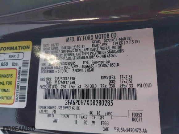 2013 Ford Fusion SE with VIN 3FA6P0H7XDR280285, listed as a IAAI auction lot 41832569 with 82,505 mi miles. Bid and sale history available at carsss.com. Image 9.