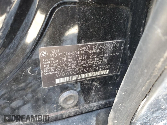 2010 BMW 7 Series 750Li xDrive with VIN WBAKC8C57AC431230, listed as a Copart auction lot 55294635 with 109,822 mi miles and Clean Title. Bid and sale history available at DreamBid. Image 12.