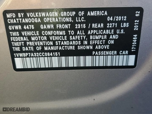 2012 Volkswagen Passat SE with VIN 1VWBP7A32CC084151, listed as a Copart auction lot 87729045 with 87,951 mi miles and Salvage Title. Bid and sale history available at carsss.com. Image 13.