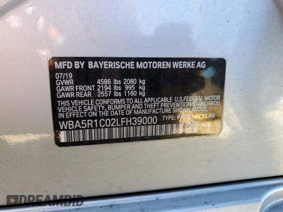 2020 BMW 3 Series 330i with VIN WBA5R1C02LFH39000, listed as a Copart auction lot 46874295 with Not provided miles and Salvage title. Bid and sale history available at DreamBid. Image 14.
