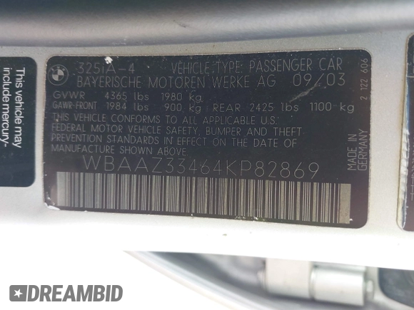 2004 BMW 3 Series 325i с VIN WBAAZ33464KP82869, выставлен на аукционе IAAI как лот 42221954 с пробегом 90 335 миль миль и . История ставок и продаж доступна на DreamBid. Изображение 9.