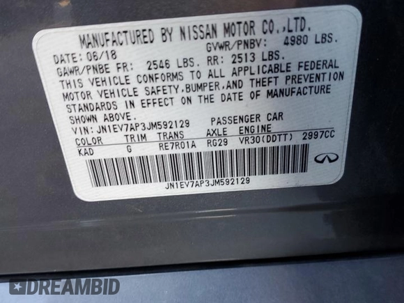 2018 Infiniti Q50 Luxe with VIN JN1EV7AP3JM592129, listed as a Copart auction lot 88797155 with 117,448 mi miles and Salvage title. Bid and sale history available at DreamBid. Image 15.