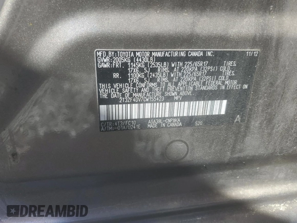2012 Toyota RAV4 with VIN 2T3ZF4DV7CW155423, listed as a Copart auction lot 50430255 with 136,022 mi miles and Clean Title. Bid and sale history available at carsss.com. Image 13.