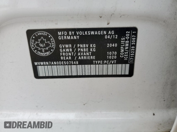 2013 Volkswagen CC Lux with VIN WVWRN7AN0DE507548, listed as a Copart auction lot 59938534 with 201,666 mi miles and Salvage Title. Bid and sale history available at carsss.com. Image 12.