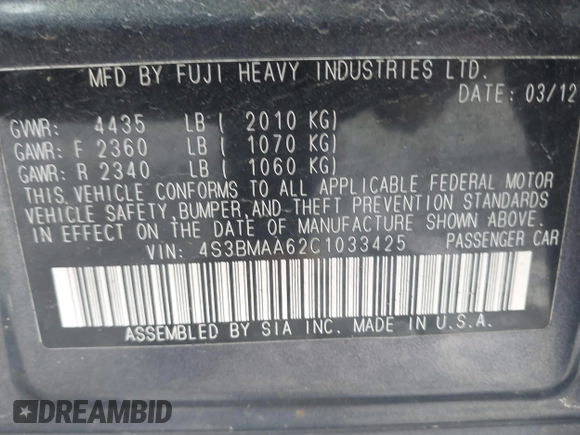 2012 Subaru Legacy 2.5i with VIN 4S3BMAA62C1033425, listed as a IAAI auction lot 41743229 with 187,726 mi miles and . Bid and sale history available at DreamBid. Image 9.