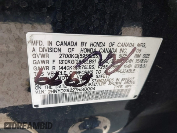 2007 Acura MDX with VIN 2HNYD28227H510004, listed as a IAAI auction lot 42134259 with 210,026 mi miles. Bid and sale history available at carsss.com. Image 9.