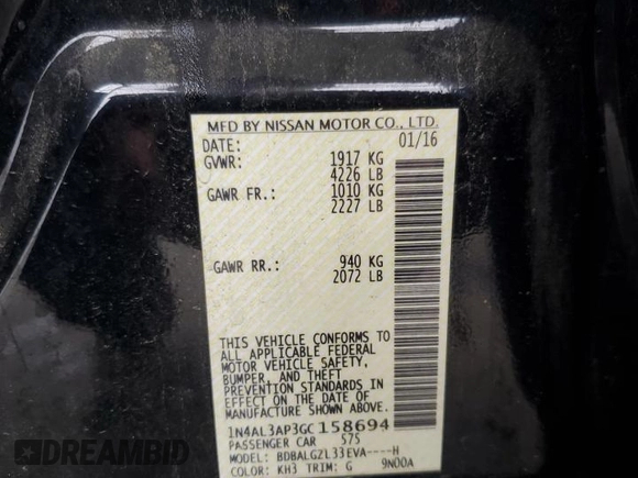 2016 Nissan Altima S with VIN 1N4AL3AP3GC158694, listed as a Copart auction lot 58830675 with 109,458 mi miles and Salvage title. Bid and sale history available at DreamBid. Image 12.