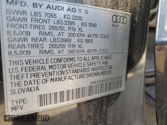 2014 Audi Q7 Premium with VIN WA1CMAFE7ED011520, listed as a Copart auction lot 63912315 with 131,218 mi miles and Clean title. Bid and sale history available at DreamBid. Image 13.