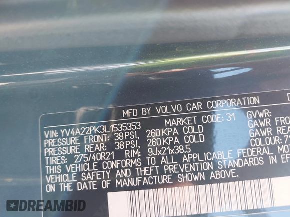 2020 Volvo XC90 Momentum with VIN YV4A22PK3L1535353, listed as a IAAI auction lot 41814583 with 90,073 mi miles. Bid and sale history available at carsss.com. Image 9.