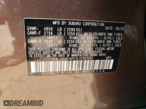 2020 Subaru Outback Touring with VIN 4S4BTAPC2L3193742, listed as a Copart auction lot 59469915 with 41,963 mi miles and Salvage title. Bid and sale history available at DreamBid. Image 13.