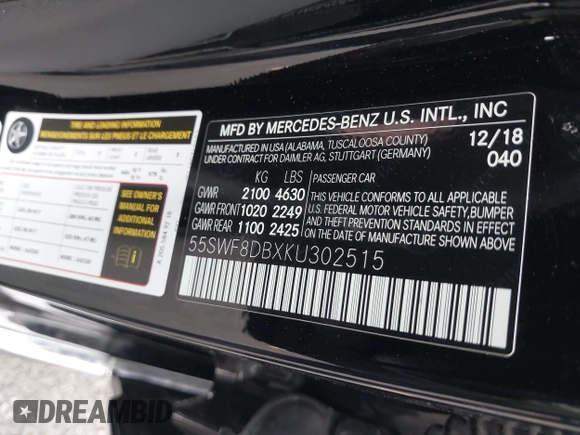 2019 Mercedes-Benz C 300 with VIN 55SWF8DBXKU302515, listed as a IAAI auction lot 42487124 with Not provided miles and . Bid and sale history available at DreamBid. Image 9.