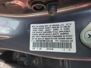 2015 Honda Civic EX-L with VIN 19XFB2F99FE224146, listed as a Copart auction lot 46740495 with 57,004 mi miles and Salvage Title. Bid and sale history available at carsss.com. Image 12.