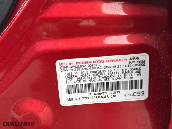2008 Mitsubishi Lancer Evolution MR with VIN JA3AW56V78U051033, listed as a Copart auction lot 82855894 with 92,726 mi miles and Salvage Title. Bid and sale history available at carsss.com. Image 10.