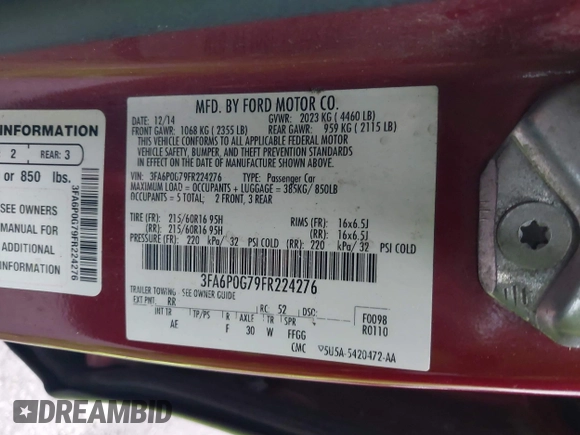 2015 Ford Fusion S with VIN 3FA6P0G79FR224276, listed as a IAAI auction lot 42181539 with 136,424 mi miles and . Bid and sale history available at DreamBid. Image 9.