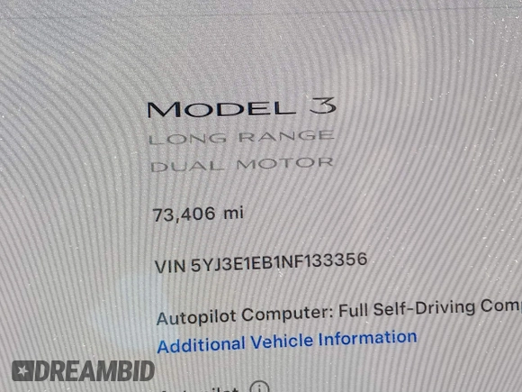 2022 Tesla Model 3 Long Range with VIN 5YJ3E1EB1NF133356, listed as a IAAI auction lot 41568303 with 73,406 mi miles and . Bid and sale history available at DreamBid. Image 14.