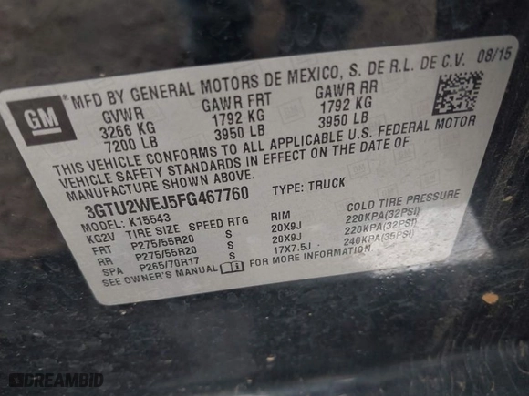 2015 GMC Sierra 1500 Denali with VIN 3GTU2WEJ5FG467760, listed as a IAAI auction lot 40224420 with 182,850 mi miles. Bid and sale history available at carsss.com. Image 9.