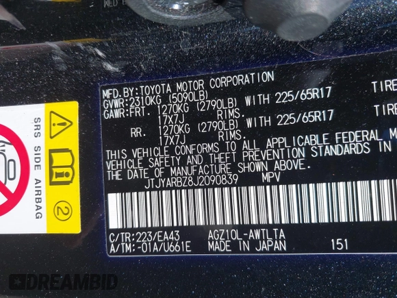 2018 Lexus NX 300 with VIN JTJYARBZ8J2090839, listed as a IAAI auction lot 41660825 with 131,080 mi miles and . Bid and sale history available at DreamBid. Image 9.