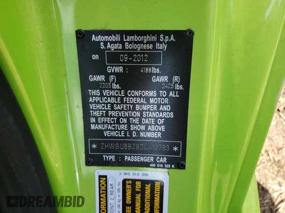 2013 Lamborghini Gallardo z VIN ZHWGU6BZ9DLA12793, wystawiony jako Copart lot #77525804 z przebiegiem 11 777 mil mil oraz Szkody całkowita. Historia ofert i sprzedaży dostępna na DreamBid. Obrazek 13.