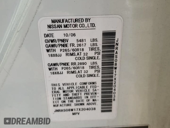 2007 Infiniti FX with VIN JNRAS08W17X204038, listed as a Copart auction lot 57720655 with 232,560 mi miles and Clean title. Bid and sale history available at DreamBid. Image 13.
