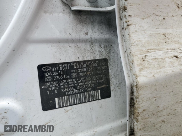 2017 Hyundai Elantra with VIN KMHD35LH4HU373680, listed as a Copart auction lot 58448835 with Not provided miles and Salvage title. Bid and sale history available at DreamBid. Image 13.