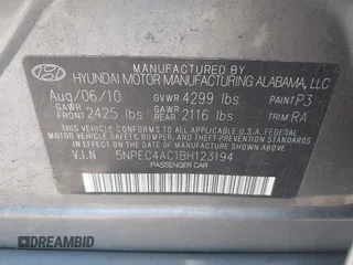 2011 Hyundai Sonata Limited with VIN 5NPEC4AC1BH123194, listed as a IAAI auction lot 41997823 with 187,897 mi miles and . Bid and sale history available at carsss.com. Image 9.