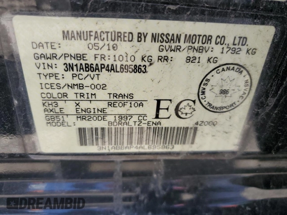 2010 Nissan Sentra SR with VIN 3N1AB6AP4AL695863, listed as a Copart auction lot 57063254 with 167,872 mi miles and Salvage Title. Bid and sale history available at DreamBid. Image 13.
