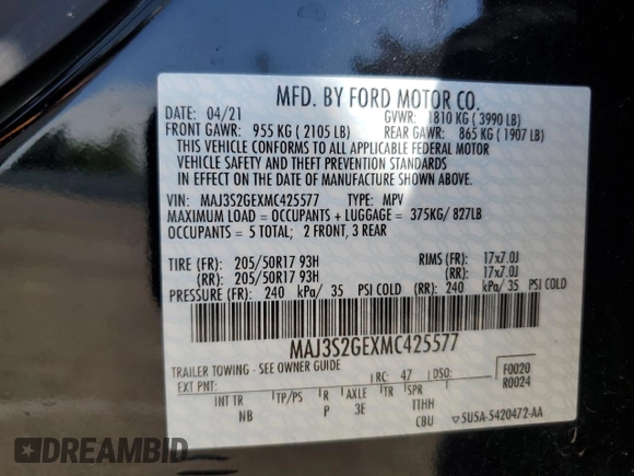 2021 Ford EcoSport SE with VIN MAJ3S2GEXMC425577, listed as a Copart auction lot 54005715 with 17,030 mi miles and Salvage title. Bid and sale history available at DreamBid. Image 13.