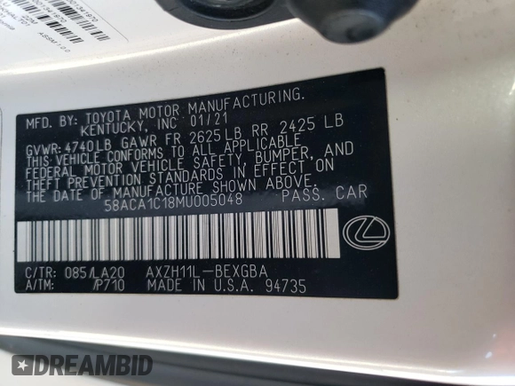 2021 Lexus ES with VIN 58ACA1C18MU005048, listed as a Copart auction lot 77856364 with 19,150 mi miles and Salvage Title. Bid and sale history available at carsss.com. Image 13.