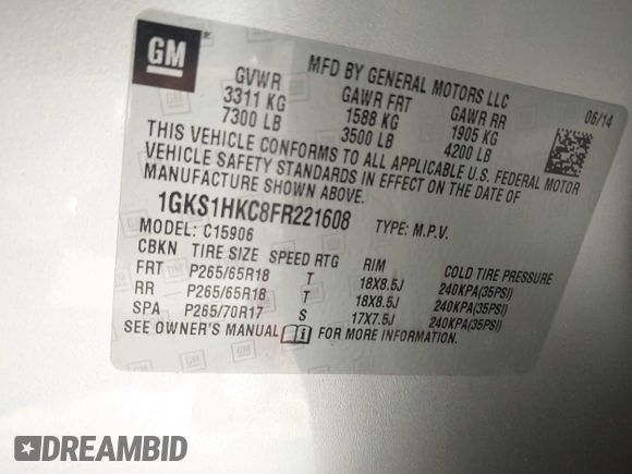 2015 GMC Yukon XL SLT with VIN 1GKS1HKC8FR221608, listed as a IAAI auction lot 42044318 with 215,757 mi miles. Bid and sale history available at carsss.com. Image 9.