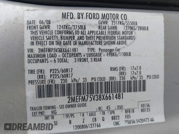 2008 Mercury Grand Marquis LS with VIN 2MEFM75V38X661481, listed as a IAAI auction lot 42079891 with 206,421 mi miles and . Bid and sale history available at DreamBid. Image 9.