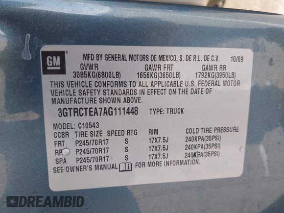 2010 GMC Sierra 1500 with VIN 3GTRCTEA7AG111448, listed as a IAAI auction lot 41800513 with Not Provided miles and . Bid and sale history available at DreamBid. Image 9.