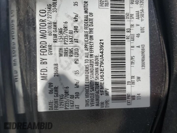 2009 Ford Explorer XLT с VIN 1FMEU63E79UA43921, выставлен на аукционе Copart как лот 53100125 с пробегом 251 817 миль миль и Чистый • Clean title. История ставок и продаж доступна на DreamBid. Изображение 13.