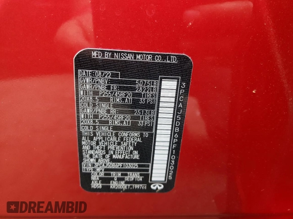 2023 Infiniti QX50 Autograph with VIN 3PCAJ5DB6PF103025, listed as a Copart auction lot 58462355 with 9,100 mi miles and Salvage title. Bid and sale history available at DreamBid. Image 13.