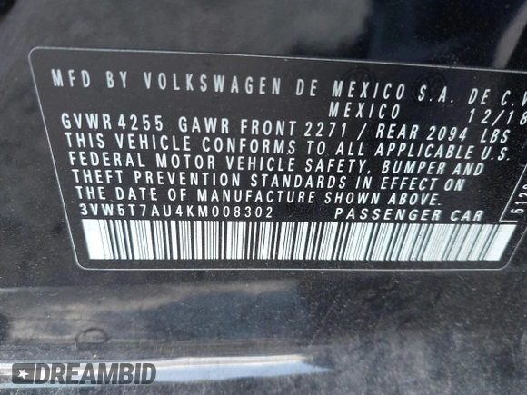 2019 Volkswagen GTI S с VIN 3VW5T7AU4KM008302, выставлен на аукционе IAAI как лот 40997848 с пробегом 32 338 миль миль и . История ставок и продаж доступна на DreamBid. Изображение 9.