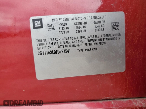 2015 Chevrolet Impala LT with VIN 2G1115SL9F9227541, listed as a Copart auction lot 52438555 with 164,486 mi miles and Salvage title. Bid and sale history available at DreamBid. Image 12.