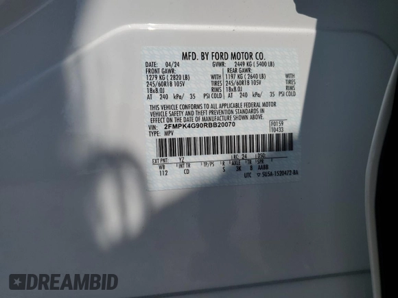 2024 Ford Edge SE with VIN 2FMPK4G90RBB20070, listed as a Copart auction lot 56190905 with 2,428 mi miles and Salvage title. Bid and sale history available at DreamBid. Image 14.