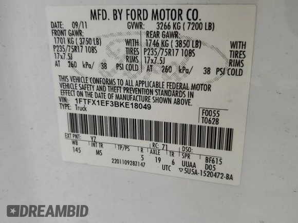 2011 Ford F-150 XL with VIN 1FTFX1EF3BKE18049, listed as a Copart auction lot 55444655 with 243,094 mi miles and Clean Title. Bid and sale history available at DreamBid. Image 12.